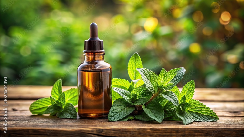 Medium shot wooden table with peppermint dropper, amber bottle, and mint leaves with minimal plant background. Medium shot wooden table with peppermint dropper, amber bottle, and mint leaves with minimal plant background.