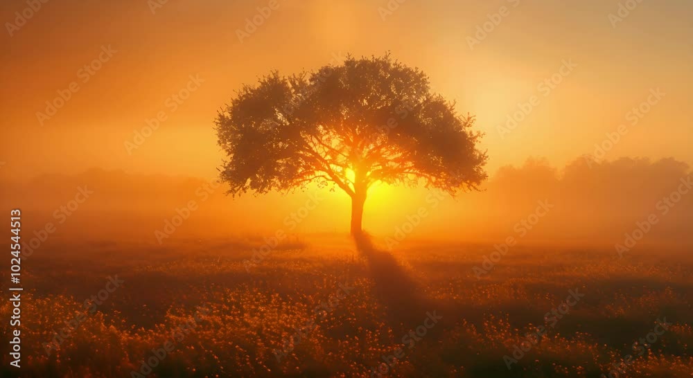 Silhouette of a Tree Against a Misty Sunrise Silhouette of a Tree Against a Misty Sunrise