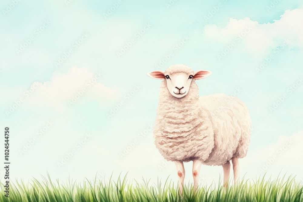 Obraz premium A fluffy white sheep standing in green grass under a blue sky with soft clouds, representing farm life and nature.