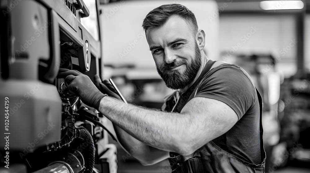 Mechanic inspects a diesel engine of an industrial truck using a tablet computer in a well equipped automotive repair garage Mechanic inspects a diesel engine of an industrial truck using a tablet computer in a well equipped automotive repair garage