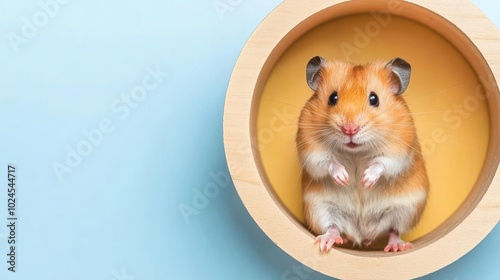 Chubby hamster on a miniature exercise wheel, domestic animal, active pet lifestyle