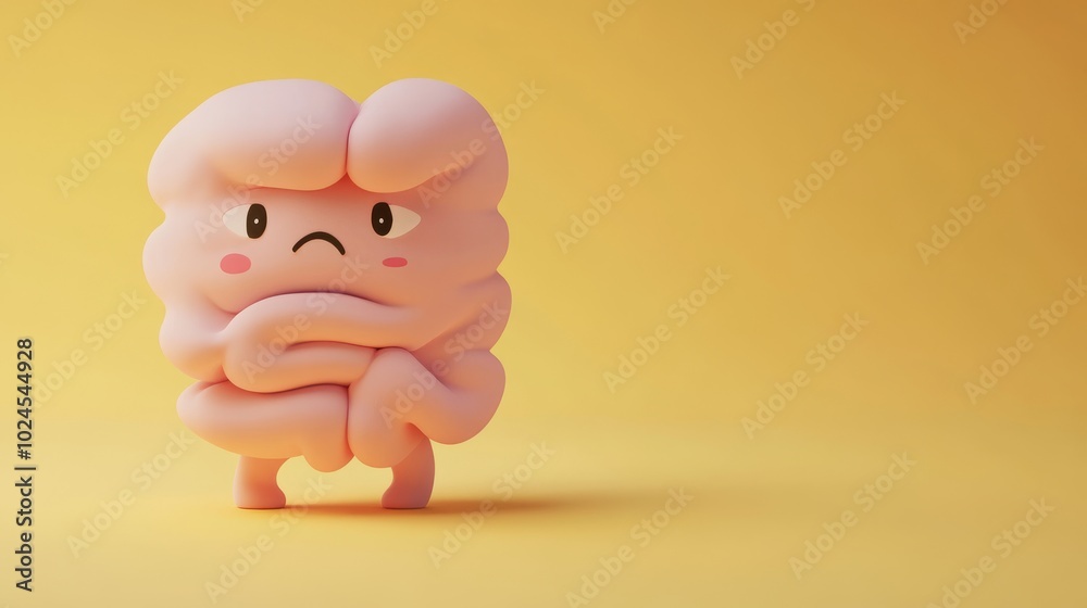 Cartoon illustration of a sad abstract gut with a disease.	