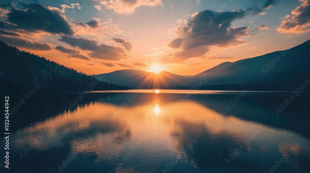 Serene sunset reflecting in a tranquil lake with distant hills. illustration Serene sunset reflecting in a tranquil lake with distant hills. illustration