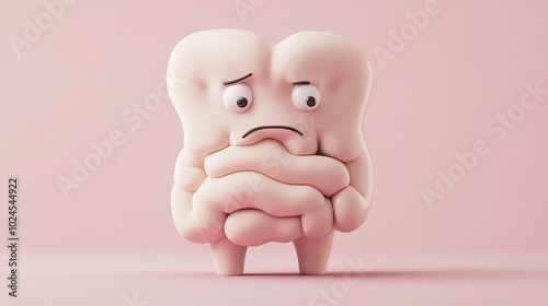Cartoon illustration of a sad abstract gut with a disease.	