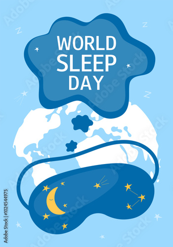 Blue sleep mask, world map silhouette and text. World Sleep Day.  Сute design for banner, greeting card, flyer, poster.