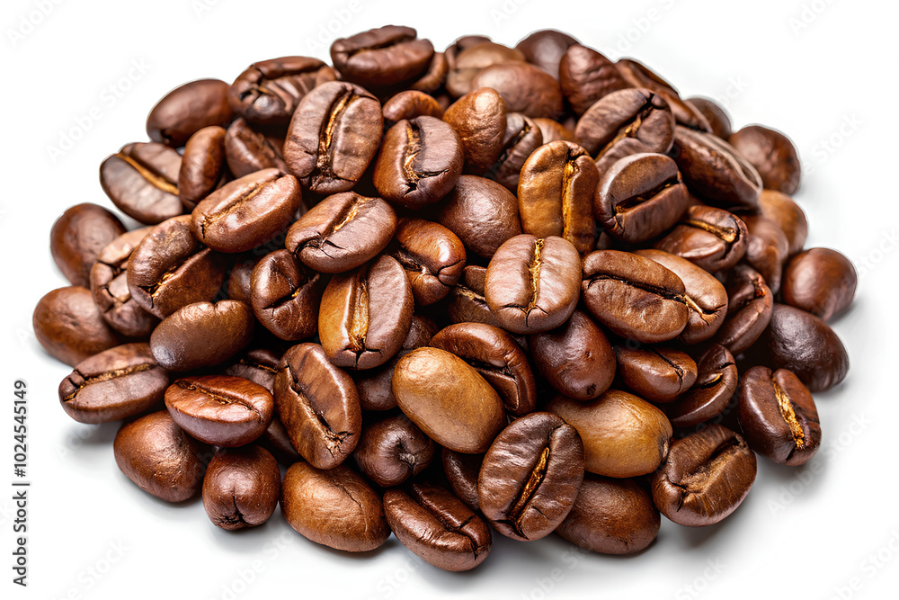 Obraz premium Pile Roasted coffee beans isolated on white background, Clipping path