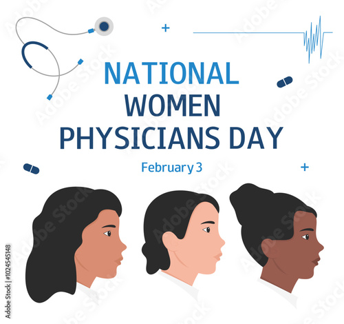 National Women Physicians Day. Banner with female doctors. February 3. Design for medical banner greeting card, flyer, poster, presentation.