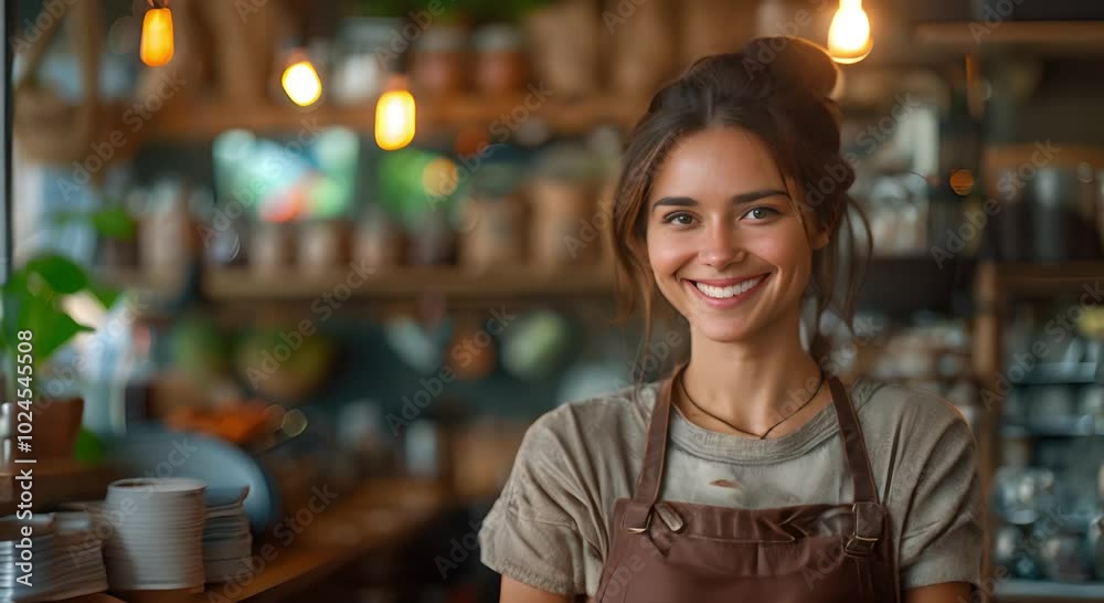 Smiling Woman Wearing an Apron in a Cafe Smiling Woman Wearing an Apron in a Cafe