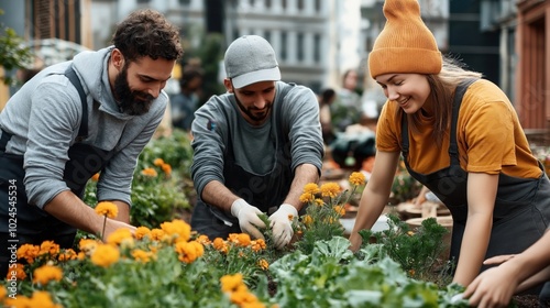 Three people gardening together in an urban community garden, tending to marigold flowers and leafy greens, wearing casual clothing and enjoying teamwork outdoors.