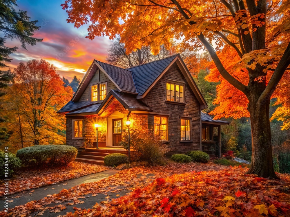 Charming autumn house aglow in low light, nestled amidst colorful fall leaves. A tranquil evening scene ideal for evoking the warmth of the season. Charming autumn house aglow in low light, nestled amidst colorful fall leaves. A tranquil evening scene ideal for evoking the warmth of the season.