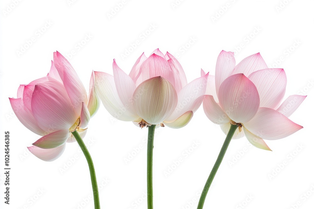 A close-up of three pink lotus flowers in different stages of blooming, captured against a white A close-up of three pink lotus flowers in different stages of blooming, captured against a white