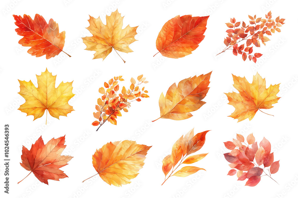 Obraz premium PNG Autumn leaf watercolor set, transparent background