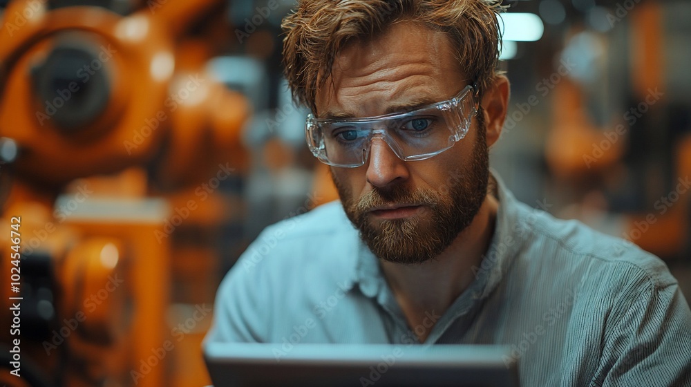 A focused engineer in safety glasses looks intently at a tablet computer while standing in front of a large industrial robot.