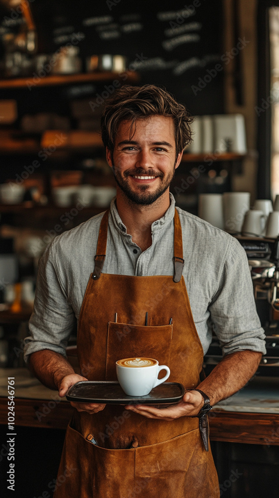 Smiling Barista Holding Coffee in Cozy Cafe Smiling Barista Holding Coffee in Cozy Cafe