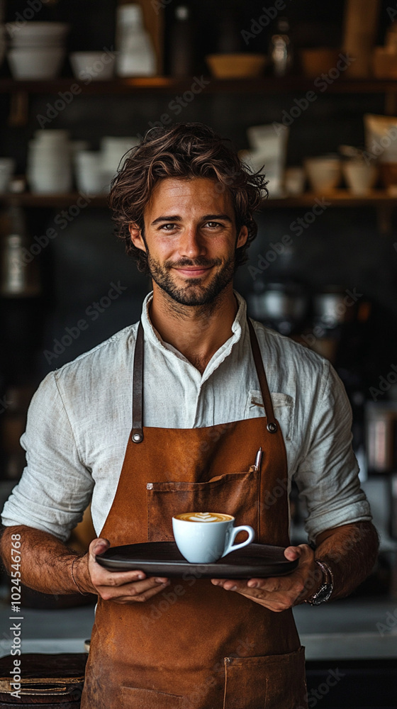 Smiling Barista Holding Coffee in Cozy Café Smiling Barista Holding Coffee in Cozy Café