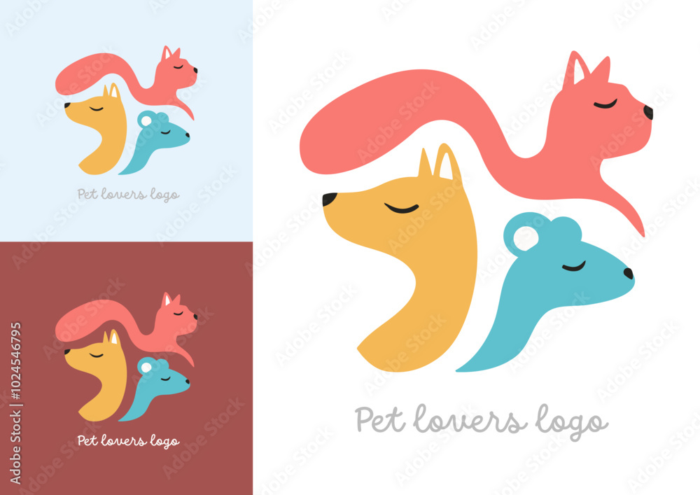 Cute Pet lovers logo representing a dog, cat, mouse care, lovely pet logo brands, logo for your animal care center. Vector illustration. Isolated.