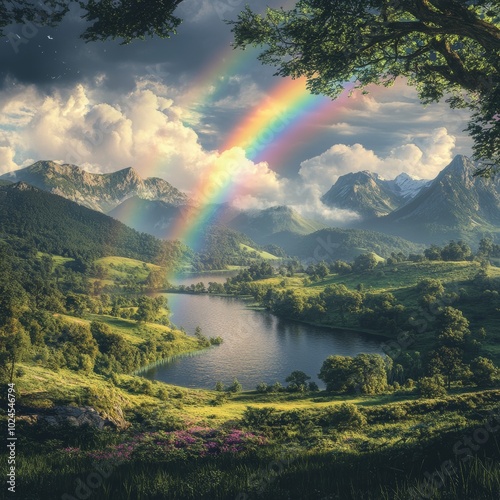 Vibrant rainbow over a scenic forest lake 