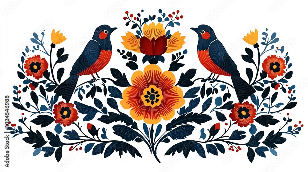 Fototapeta premium Traditional Polish paper cut folk art with symmetrical floral and bird designs, paper cut folk art, traditional Polish decor