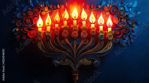 Traditional paper cut Hanukkah menorah with layered candle details and ornate patterns, paper cut menorah, traditional Jewish decor photo