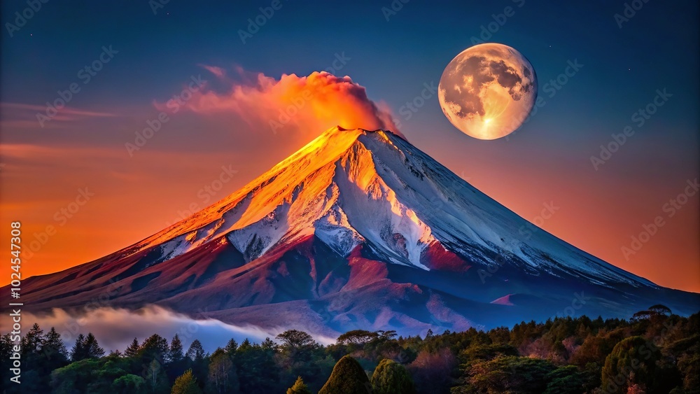 Fototapeta premium Mesmerizing scene of Villarrica volcano illuminated by full moon at sunset