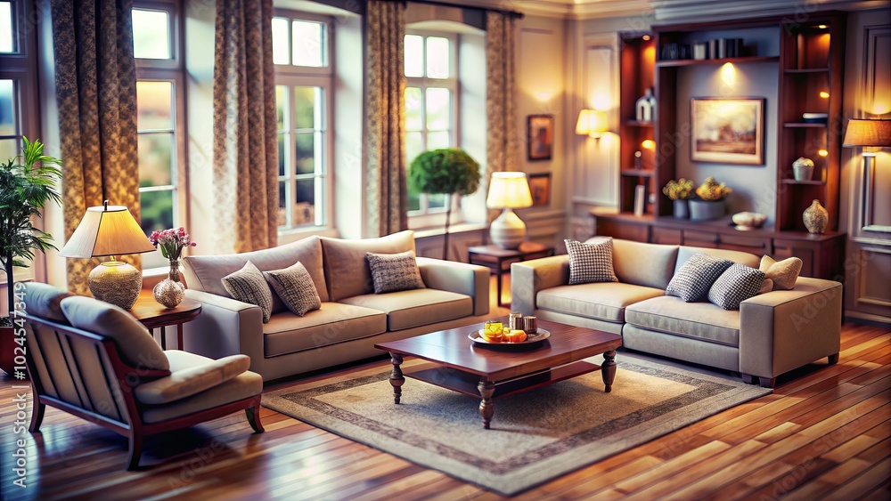 Charming vector set of tilt-shift living room furniture, featuring a cozy sofa and elegant armchairs designed to enhance your home's inviting and relaxing ambiance. Charming vector set of tilt-shift living room furniture, featuring a cozy sofa and elegant armchairs designed to enhance your home's inviting and relaxing ambiance.