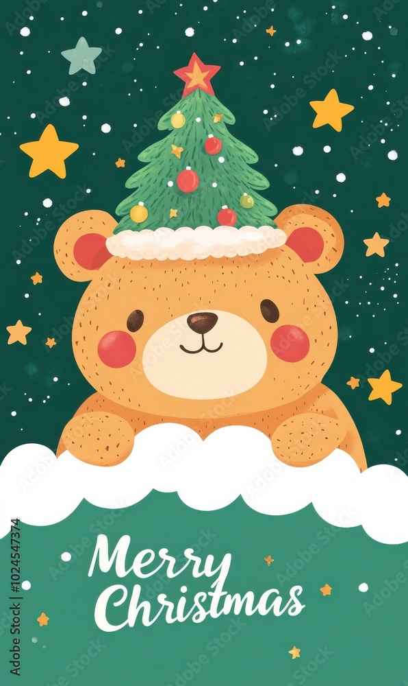 Charming Christmas bear with tree hat amidst twinkling stars and holiday cheer Charming Christmas bear with tree hat amidst twinkling stars and holiday cheer