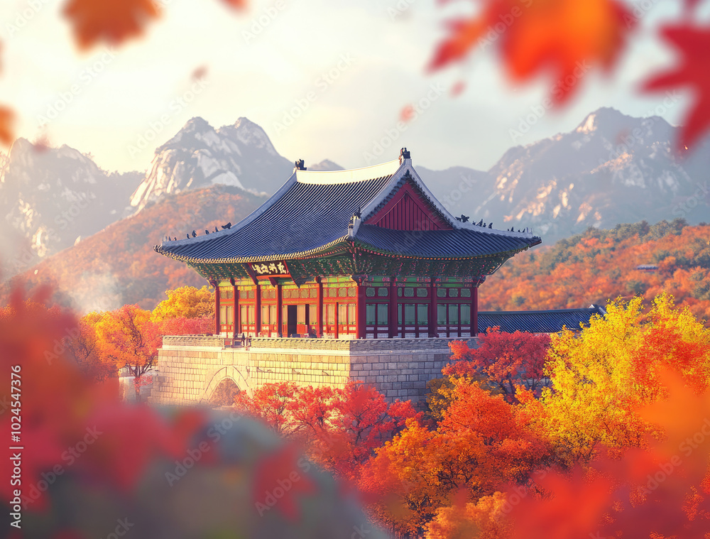 The most beautiful autumn scene in Seoul, South Korea, with colorful maple trees and the traditional Korean palace of Gyeongbokgung in full bloom The most beautiful autumn scene in Seoul, South Korea, with colorful maple trees and the traditional Korean palace of Gyeongbokgung in full bloom