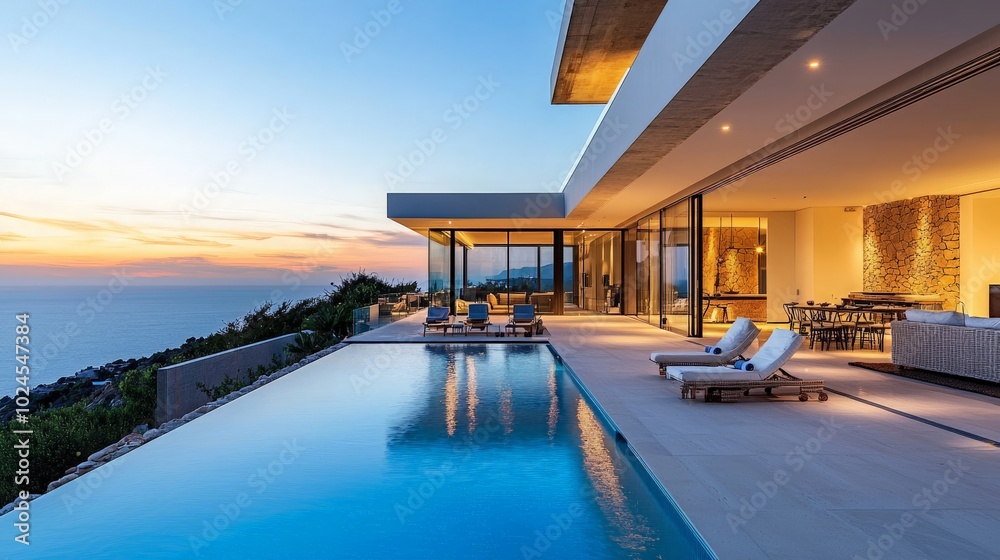 Fototapeta premium Modern Villa with Seamless View at Sunset