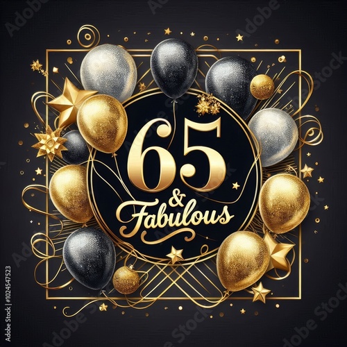 Wallpaper Mural Elegant 65th birthday celebration design with gold and silver balloons and stars. Torontodigital.ca