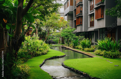 An outdoor view of the residential area hotel complex showcasing lush greenery and contemporary architecture with a small river flowing through it.