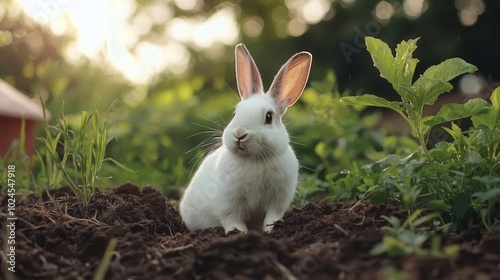 Fluffy white rabbit hopping in a lush garden, domestic animal, nature and pets concept