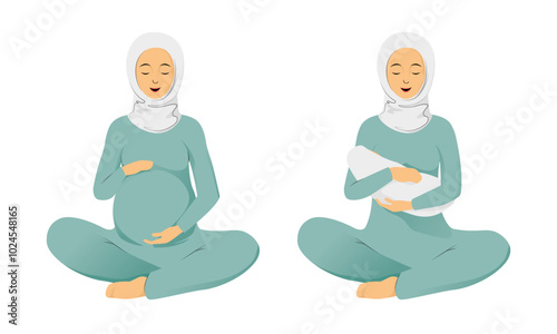 Arab woman in lotus pose with pregnancy and newborn baby