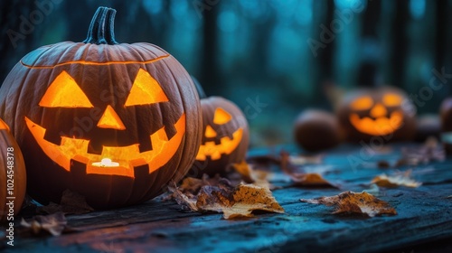 Rustic wooden table with jack-o'-lantern and leaves.