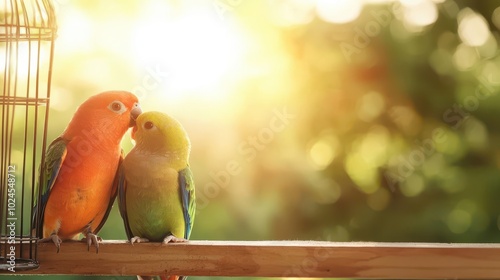 Lovebirds in a decorative cage by a sunny window, domestic birds, serene home decor