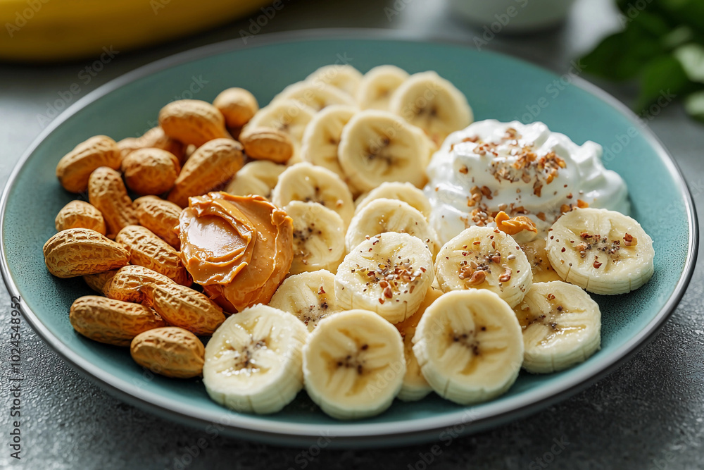 Nutritious snack bowl of bananas, yogurt, and peanuts on a table Nutritious snack bowl of bananas, yogurt, and peanuts on a table