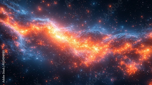 A breathtaking view of a cosmic nebula filled with fiery hues of orange and blue against a backdrop of shimmering stars in the galaxy.