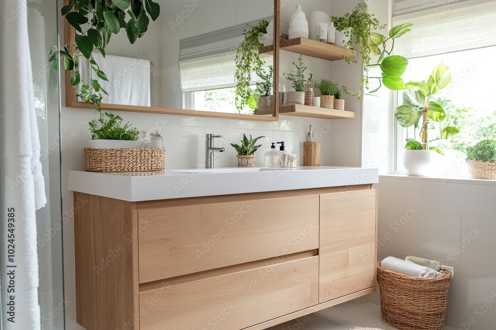 A compact bathroom featuring a modern vanity and open shelving. The room incorporates A compact bathroom featuring a modern vanity and open shelving. The room incorporates