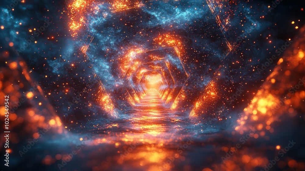 A mesmerizing cosmic tunnel filled with vibrant orange and blue hues, depicting swirling lights and reflections, creating a sense of depth in a stellar environment. A mesmerizing cosmic tunnel filled with vibrant orange and blue hues, depicting swirling lights and reflections, creating a sense of depth in a stellar environment.