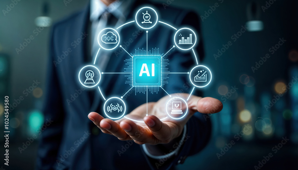 Businessman holding ai chip icon connecting concepts of artificial intelligence Businessman holding ai chip icon connecting concepts of artificial intelligence