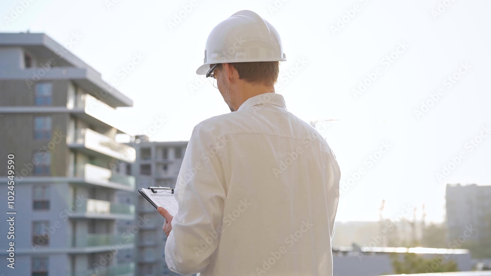 Man construction engineer wearing white shirt and hard hat is making notes on a clipboard while inspecting a building site at sunset, back view. Architecture and engineering Man construction engineer wearing white shirt and hard hat is making notes on a clipboard while inspecting a building site at sunset, back view. Architecture and engineering