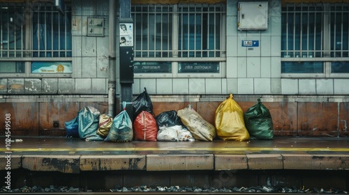 Urban train station platform with diverse colored trash bags arranged in a line, suggesting neglect and desolation. Absence of people adds to the eerie mood.