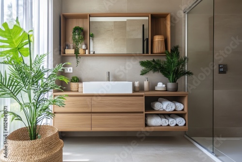 A compact bathroom featuring a modern vanity and open shelving. The room incorporates