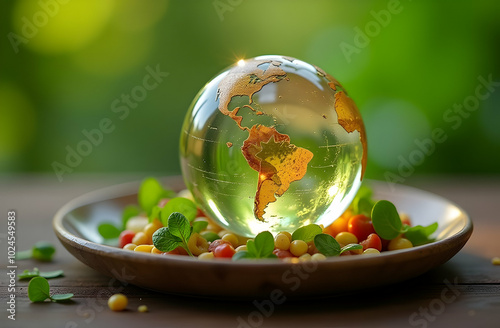 Earth Day or World Environment Day, an eco-friendly concept. A transparent, clean globe on a plate with various products. An eco-friendly lifestyle. photo