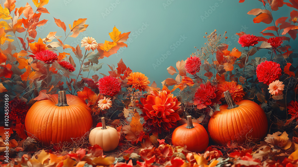 Thanksgiving Day or Halloween Decor Idea with Pumpkins, Flowers, and Autumn Leaves Thanksgiving Day or Halloween Decor Idea with Pumpkins, Flowers, and Autumn Leaves