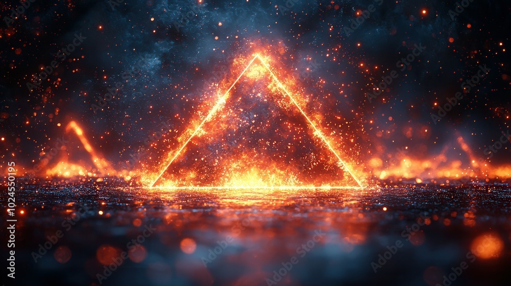 A striking illustration of a fiery triangle amidst glowing sparks and a dark backdrop, creating an ethereal atmosphere. Perfect for creative projects. A striking illustration of a fiery triangle amidst glowing sparks and a dark backdrop, creating an ethereal atmosphere. Perfect for creative projects.
