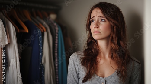 A pensive young Caucasian woman stands in a closet, contemplating her choices.