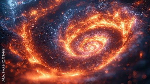 A stunning visualization of a galaxy, featuring fiery orange spirals amidst a deep blue backdrop, showcasing cosmic beauty and energy.