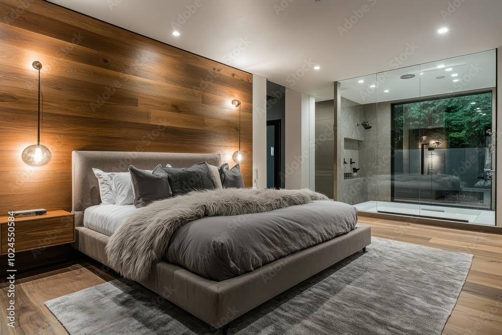 A contemporary bedroom with a plush bed featuring layered gray bedding and wooden A contemporary bedroom with a plush bed featuring layered gray bedding and wooden