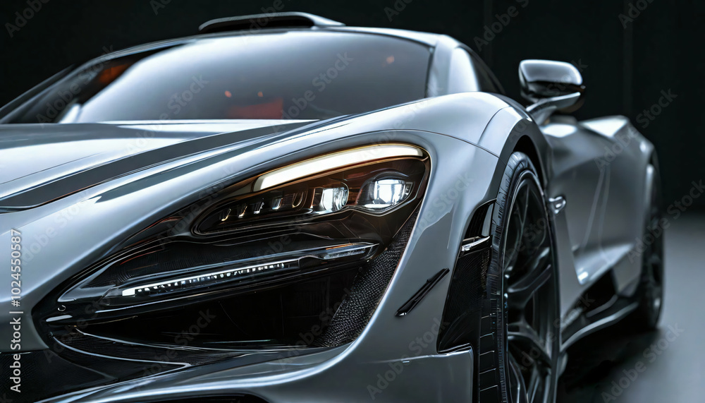 Shiny gray horizontal format sports car in showroom front view to promote luxury cars and lifestyle. Shiny gray horizontal format sports car in showroom front view to promote luxury cars and lifestyle.