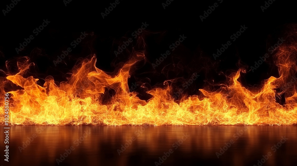 Obraz premium Realistic Fire Flames Border On Black Background, Isolated With Reflection. Place For Text Or Design